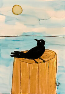 ACEO original Tree golden stump Bird crow sun painting by Lynne Kohler 2.5x3.5"