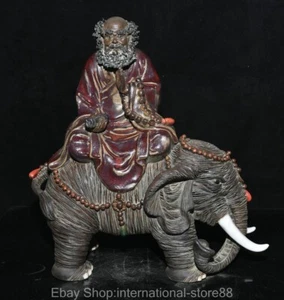 14.8" Old China Wucai Porcelain Feng Shui Dharma Bodhidharma Elephant Statue - Picture 1 of 15