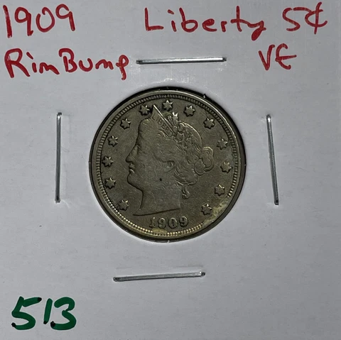 1909 Liberty Head V Nickel- VF Very Fine Rim Bump Cover