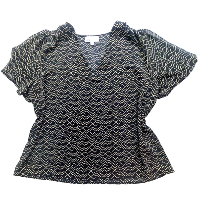 Nordstrom Rack Blouse Size L V-Neck Black Cream Abstract Wave Ruched Shoulders - Image 1 of 4