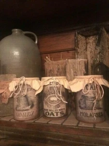 Primitive Pantry Cans Homestead Country Cupboard Tuck Make Do Set of Three - Picture 1 of 12