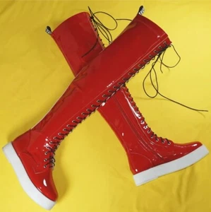 Ladies Over the Knee Thigh High Boots Lace Up Flat Heel Patent Leather Size 2-11 - Zdjęcie 1 z 7