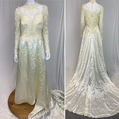 Vestido de novia tren vintage años 60/70 marfil encaje cuentas unión hecho en EE. UU. XS Foto 1 de 4