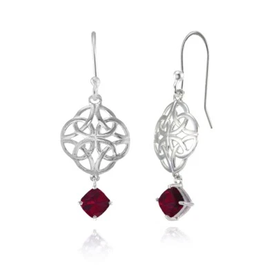 Celtic Knot 4x4mm Cushion-Cut Created Ruby Dangle Earrings in Sterling Silver - Image 1 of 4