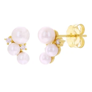 14k Yellow Gold Round Trio Freshwater Pearl & Diamond Stud Earrings - Picture 1 of 3