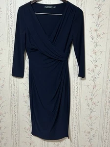 Lauren Ralph Lauren Wrap Midi Dress 3/4 Sleeve Jersey Knee Length Blue Size 6 - Picture 1 of 6