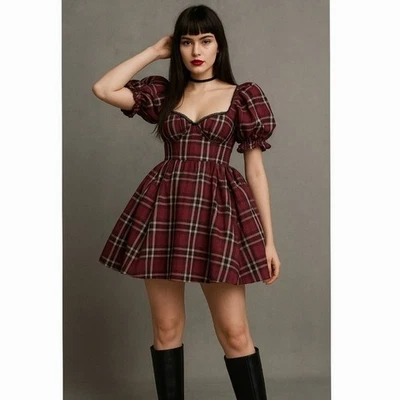 Mini Vestido Maeve Anthropologie Rojo A Cuadros Puff Talla L Suave Punk Cottage Romántico Foto 1 de 4