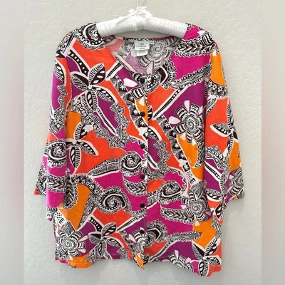 ALGODÓN CALIENTE | Top Boho Abstracto Colorido Brillante Lino Algodón Talla Grande | 1X Foto 1 de 4