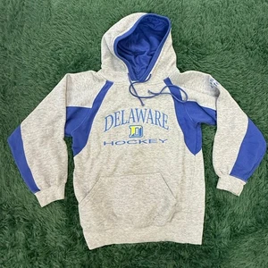 90s University of Delaware Hockey Gray & Blue Pullover Sweatshirt Hoodie Small - Picture 1 of 9