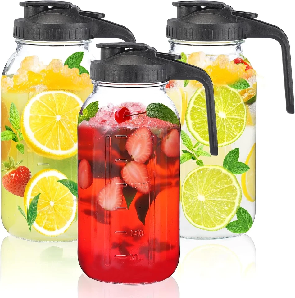 3 Pack 64 Oz Wide Mouth Mason Jar Pitchers with Airtight Lids – Leak-Proof Glass - Image 1 of 4