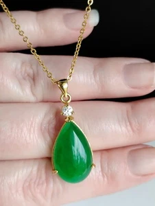 Vintage Green Jade Teardrop CZ Pendant 18KGP Necklace Korea 18" Gold Plate - Picture 1 of 11