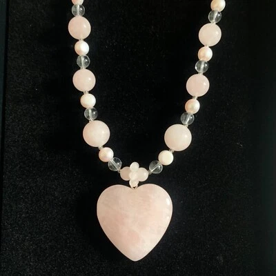 Lee Sands Pink Quartz Heart Pendant Necklace With Graduated Beads Pearls Wedding - Image 1 of 4