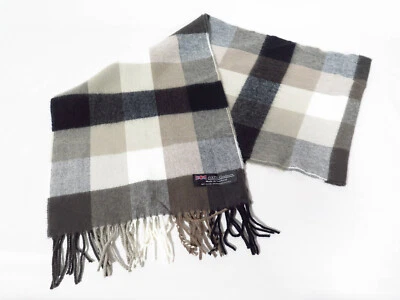 Bufanda blanca, marrón y gris a cuadros grandes 100 % cachemir, 11,5" x 63" Escocia Foto 1 de 3