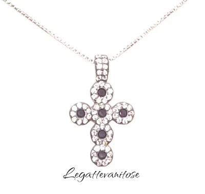 collana donna argento 925. Collana Con  croce  zirconi neri e bianchi. Crocina - Immagine 1 di 4
