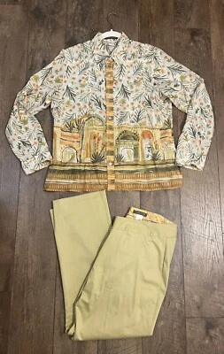 Sigrid Olsen Collection Hose 100 % Seide tropisch Knopfleiste L & grün Baumwolle Gr.14 - Bild 1 von 4