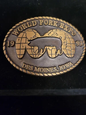 VINTAGE 1993 WORLD PORK EXPO SOLID BRONZE BELT BUCKLE Des Moines Iowa Limited ED - Image 1 of 3