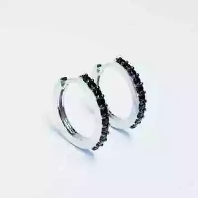 0.50Ct Lab Created Black Diamond Hoop Earrings 14K White Gold Plated - Image 1 of 4