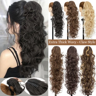 Largo Ondulado 24" Garra Extra Gruesa en Cola de Caballo Mandíbula Cola de Caballo Clip en Extensiones de Cabello Foto 1 de 4