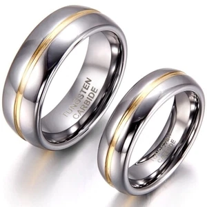 6/8mm Tungsten Carbide Gold Stripe Comfort Fit Wedding Band Ring Men Women - Picture 1 of 9
