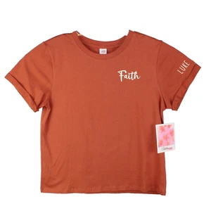 Electric Pink T-Shirt Top Rusty Red Women Size Large Cuffed Short-Sleeve Faith - Picture 1 of 11