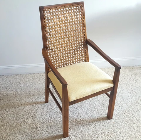 Vintage LANE Walnut/Cane Back Dining Armchair Reupholstered Lovely New Fabric ! Cover