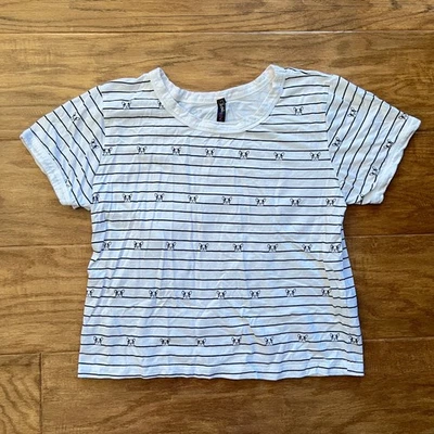 Electric Pink Cropped Tee T-Shirt Size M French Bulldog Stripe White Black - Image 1 of 4