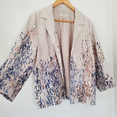 Chaqueta Blazer Coldwater Creek L 100% Lino Frente Abierto Manga 3/4 Acuarelas Usada en Excelente Condición Foto 1 de 4