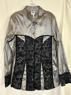 Camisa DG2 By Diane Gilman Plateada y Negra Estilo Occidental Botón Frontal XL Encaje XL Foto 1 de 4