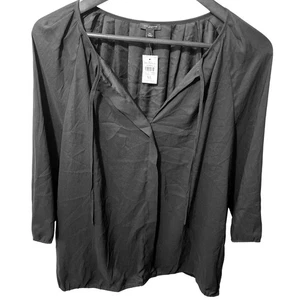 Ann Taylor XL schwarze Bluse Bindeband 3/4 Arm Plissee Freizeit Oberteil - Bild 1 von 5