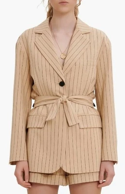 Chaqueta Blazer Maje Varcel Cinturón Rayas Beige Mezcla Algodón Lino aprox Talla L Foto 1 de 4