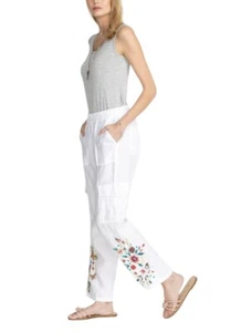 JOHNNY WAS Mariposa Size Large White Embroidered Linen Pull-On Cargo Pants NWT - Picture 1 of 12