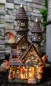 Fairy Garden LED Light Up Castle Stone House With Tall Tower Roofs Figurine - Picture 1 of 9