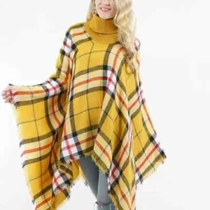 PLAID Turtleneck Poncho Shawl With Fringe One Size Plaid - Picture 1 of 11