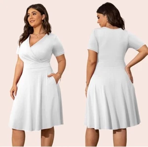 POSESHE Women XXL 2XL Short Sleeve Wrap Vneck White Cruise Party Dress Pockets - Picture 1 of 4