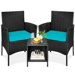 3-Piece Outdoor Wicker Conversation Patio Bistro Set, w/ 2-Chairs, Table, Cushio - Picture 1 of 7