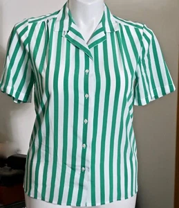 Haberdashery Collection Size 10 White w Green Stripe Button Short Sleeve Blouse - Picture 1 of 7