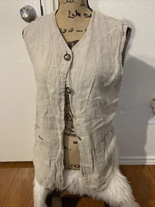 isda and co 100% linen beige womens sleeveless jacket soft guc pocketed - Picture 1 of 9