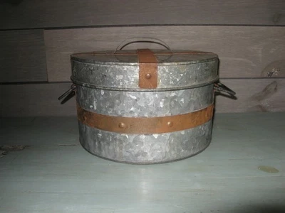 Decorative Round Metal Galvanized Canister Storage Box w/Lid Rustic Farmhouse - Image 1 of 4