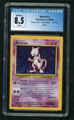 CGC 8.5 1999 Base Set Mewtwo 10/102 ERROR Square Cut HOLO Base Set Pokemon Card - Image 1 of 2