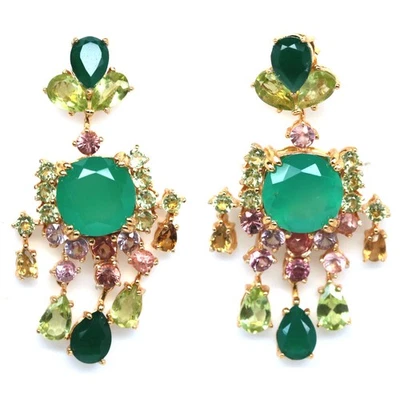 Thai Handgefertigt 10 Mm. Grüner Achat,Peridot & Saphir Ohrringe Schwarz Freitag - Bild 1 von 4