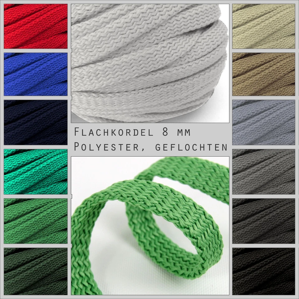 MARKENLOS 10 m Flachkordel Polyester 8 mm 0,60€/m hochwertig Hoodie Schnur Band Litze