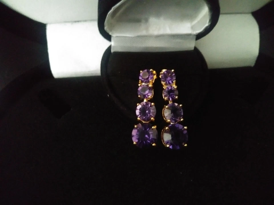 LAB CREATED PURPLE AMETHYST DANGLE DROP TENNIS EARRINGS APPROX 1 1/4 INCH 20CTW - Image 1 of 4