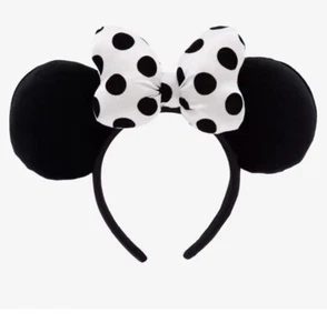 Disney Parks Minnie Mouse Ears Headband Black and White Polka Dot Satin Bow - Picture 1 of 8