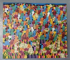 Arte popular haitiano firmado Jean Claude Martin pintura figurativa mercado ocupado 23x20 - Imagen 1 de 13