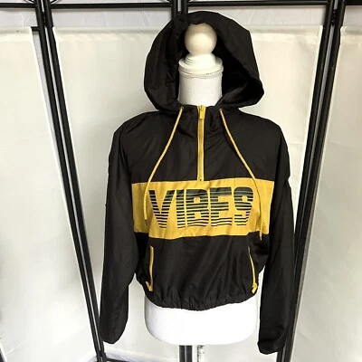 Rue 21 womens L black Yellow cropped windbreaker Light Jacket “Vibes” d0 RARE - Image 1 of 4