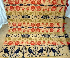 Antike 1835 signierte gewebte Decke Decke Decke 97" x 41" Adler Bäume Rosen Jacquard - Bild 1 von 7