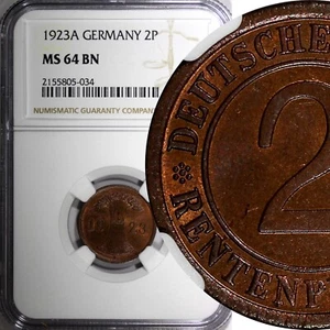 Germany,Weimar Republic 1923 A 2 Rentenpfennig NGC MS64 BN KM# 31 (34) - Picture 1 of 5
