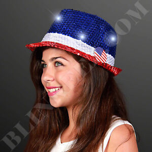 Red White & Blue 4TH OF JULY Sequin Light Up LED Fedora Hat- 4th Of July Fun!