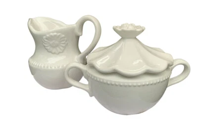 Anthropologie Stoneware Floral Beaded Accent White Ceramic Creamer & Sugar Italy - Image 1 of 4