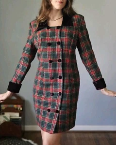 Vintage 1990s Green & Red Plaid Blazer Dress - Picture 1 of 14